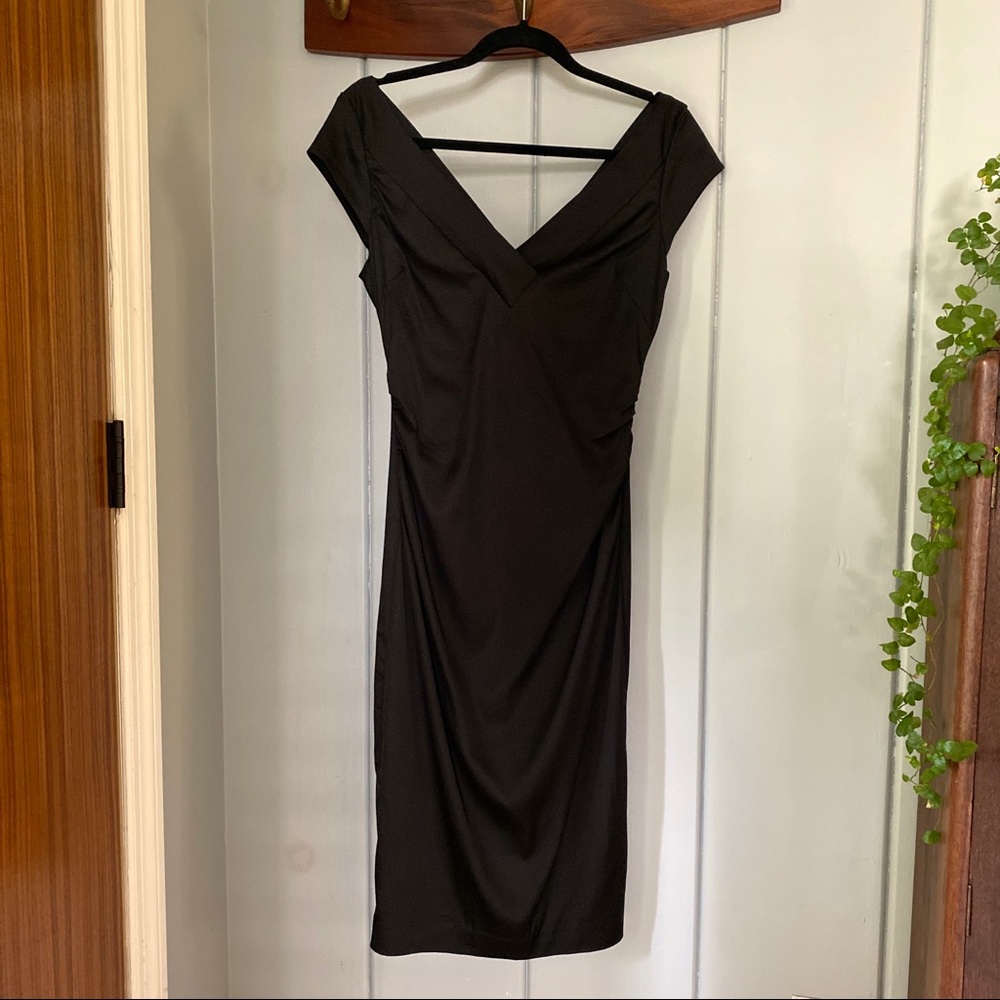 V neck cap sleeve black cocktail dress M